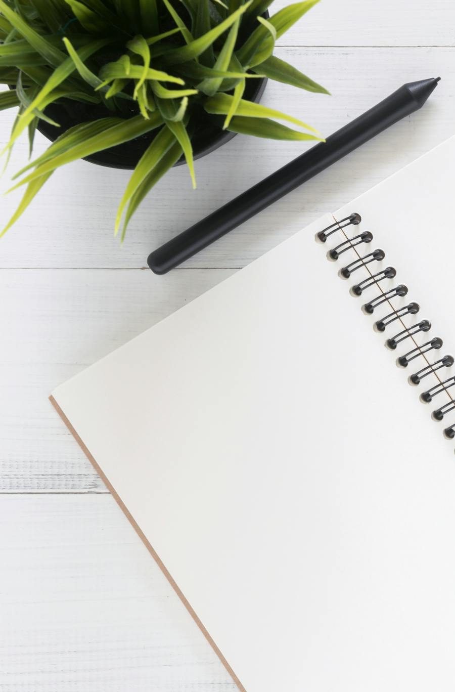 Open spiral notebook on white desk with black pen and green plant. Ideal for planning.