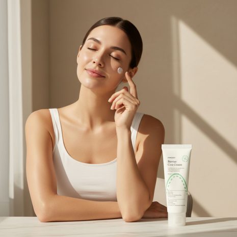 Woman applying Dercent Barrier Cica Cream for post-treatment skin recovery Woman applying Dercent Barrier Cica Cream for post-treatment skin recovery