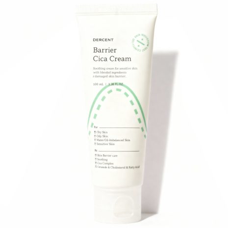 Dercent Barrier Cica Cream – Korean Skin Barrier Repair Moisturizer Close-up of Dercent Barrier Cica Cream tube, a Korean dermatologist-tested moisturizer that calms, hydrates, and repairs sensitive or post-procedure skin.