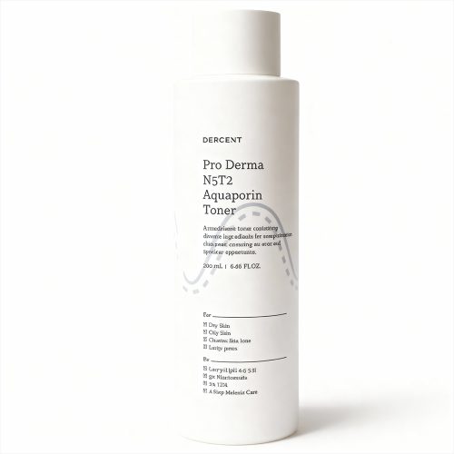 Dercent Pro Derma N5T2 Aquaporin Toner bottle on a white background. A minimalist skincare product designed to hydrate, balance, and strengthen the skin barrier for dry and sensitive skin.