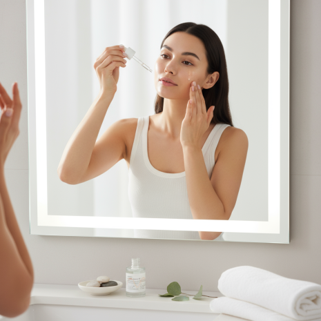 Woman applying Dercent Squalane Barrier Oil at vanity Woman with glowing skin applying Dercent Squalane Barrier Oil using a dropper in front of a mirror, showing lightweight facial oil for hydration and barrier repair.