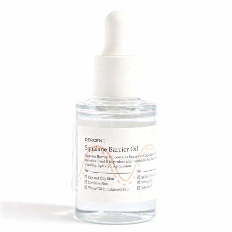 Dercent Squalane Barrier Oil bottle with dropper on white background, lightweight facial oil with vitamins C and E for dry and sensitive skin hydration and barrier repair.