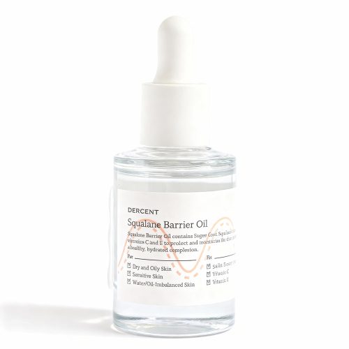 Dercent Squalane Barrier Oil bottle with dropper on white background, lightweight facial oil with vitamins C and E for dry and sensitive skin hydration and barrier repair.