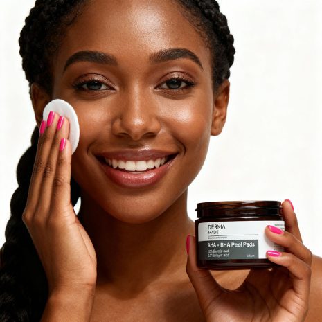 Woman Applying Derma Made AHA + BHA Peel Pads Woman applying Derma Made AHA + BHA Peel Pads to her face for exfoliation and clearer, brighter skin.