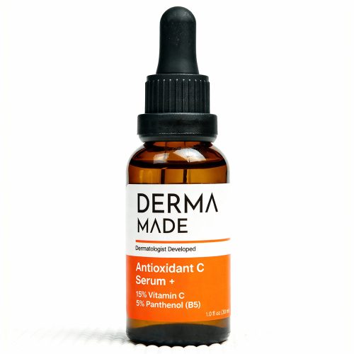 Derma Made Antioxidant C Serum + bottle containing 15% Vitamin C and 5% Panthenol (B5) on a white background