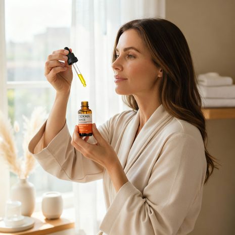 Derma Made Antioxidant C Serum + with Vitamin C and B5 Lifestyle Image Woman in a neutral robe applying Derma Made Antioxidant C Serum + with a dropper, holding the 4-inch brown glass bottle near a bright window with soft natural light.