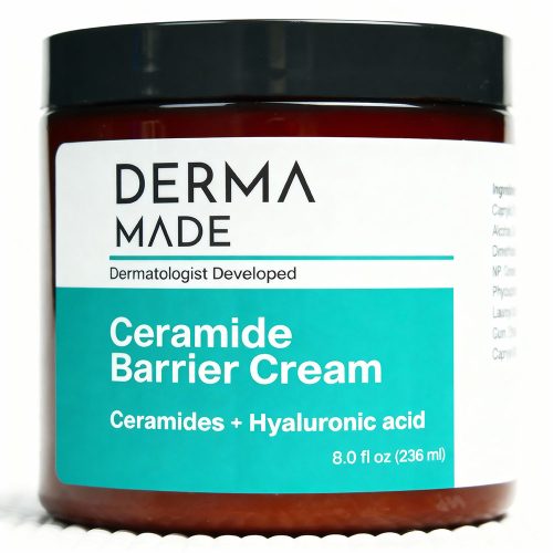 Derma Made Ceramide Barrier Cream jar featuring ceramides and hyaluronic acid for repairing extra dry and flaky skin.