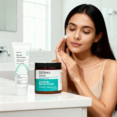 Woman Applying Derma Made Ceramide Barrier Cream and Dercent Cica Cream A woman applying Derma Made Ceramide Barrier Cream while Dercent Barrier Cica Cream sits beside her on a marble counter, showing a calming skincare routine for dry and sensitive skin.