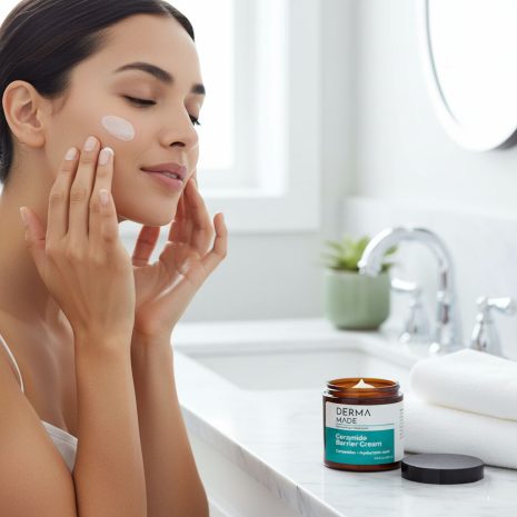 Woman applying Derma Made Ceramide Barrier Cream A woman applying Derma Made Ceramide Barrier Cream to her face, showing hydration and smoothness after skincare treatment.