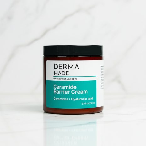 Derma Made Ceramide Barrier Cream on marble surface Derma Made Ceramide Barrier Cream jar displayed on a white marble surface with a clean and luxurious skincare aesthetic.
