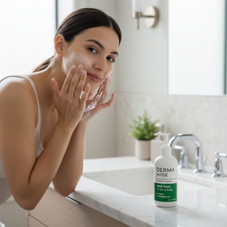 Woman Using Derma Made Medi Wash Cleanser Woman washing her face with Derma Made Medi Wash in a bright bathroom, showing the product bottle on the sink.