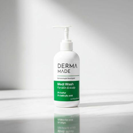 Derma Made Medi Wash on Marble Surface Derma Made Medi Wash bottle on a white marble counter with soft lighting, highlighting the sulfur and salicylic acid cleanser design.