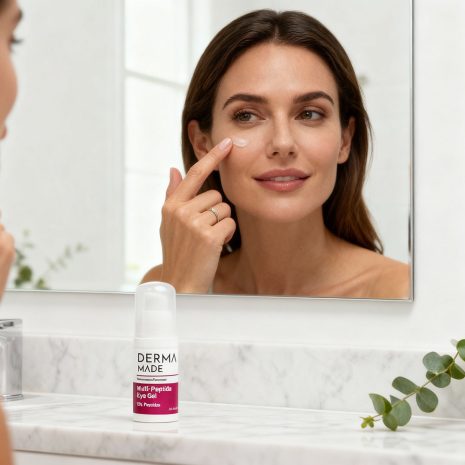 Derma Made Multi-Peptide Eye Gel – Firming Eye Treatment for Dark Circles and Puffiness Woman applying Derma Made Multi-Peptide Eye Gel under her eyes in front of a bathroom mirror. The small 3-inch eye cream bottle sits on a marble counter, showcasing a realistic, professional skincare routine scene.