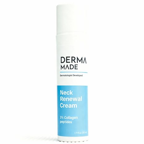 Derma Made Neck & Chest Renewal Cream tube on a clean white background, a peptide-rich moisturizer that firms and smooths the neck and décolleté.