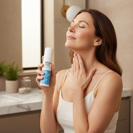 Derma Made Neck & Chest Renewal Cream – Peptide Skincare for Firm, Smooth Neck and Décolleté A woman applying Derma Made Neck & Chest Renewal Cream to her neck in a softly lit modern bathroom, showcasing a dermatologist-developed peptide moisturizer that firms and hydrates the neck and décolleté.