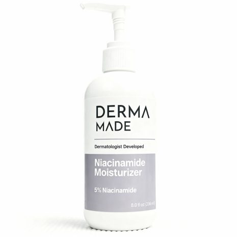 Derma Made Niacinamide Lotion bottle with 2% niacinamide, a lightweight moisturizer that soothes redness and hydrates oily acne prone skin.