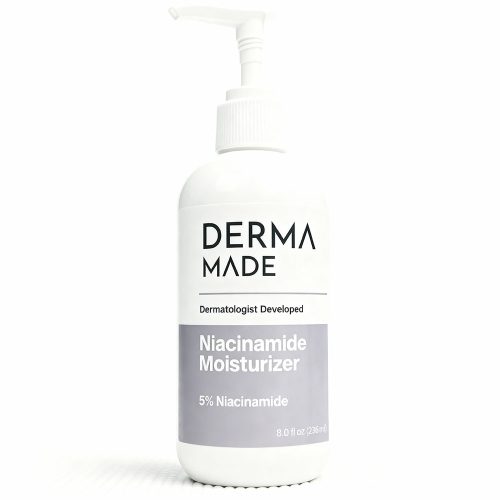 Derma Made Niacinamide Lotion bottle with 2% niacinamide, a lightweight moisturizer that soothes redness and hydrates oily acne prone skin.