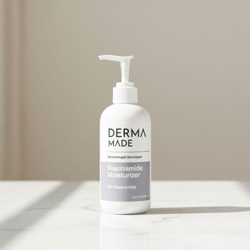 Derma Made Niacinamide Lotion on marble surface Derma Made Niacinamide Lotion bottle displayed on a clean white marble surface, highlighting its calming and hydrating 2% niacinamide formula.