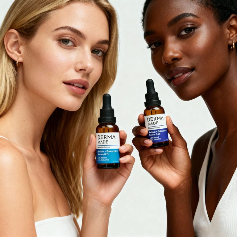 Two women holding Derma Made Retinol + Bakuchiol Serum 0.25 and 0.5 bottles, showing skincare diversity and promoting anti-aging and acne treatment benefits