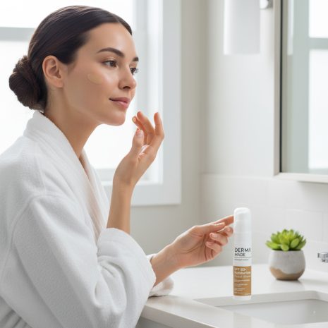 Woman applying Derma Made SPF 50 Tinted Mineral Sunscreen in a bright bathroom A woman wearing a white robe applies Derma Made SPF 50 Tinted Mineral Sunscreen to her face in a bright, modern bathroom, showcasing lightweight tinted sunscreen.
