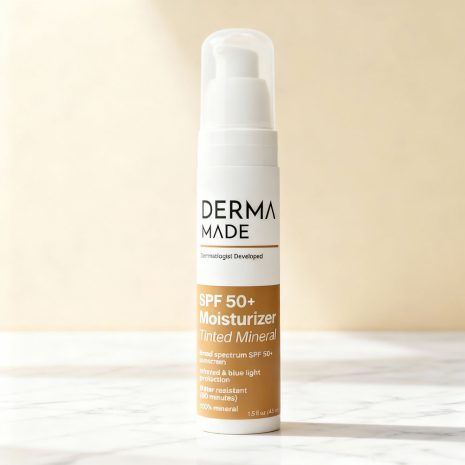 Derma Made SPF 50+ Tinted Moisturizer on marble counter Derma Made SPF 50+ Tinted Moisturizer standing on a white marble counter under soft natural light, highlighting its clean, dermatologist-developed packaging.
