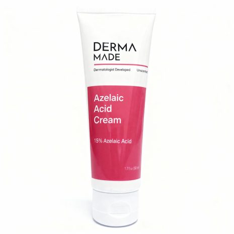 Derma Made Azelaic Acid Cream 15% tube on a clean white background, dermatologist-developed skincare for acne, redness, and rosacea.