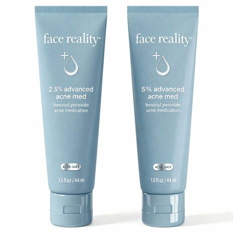 Face Reality Acne Med 2.5% and 5% Benzoyl Peroxide acne treatment for clearing breakouts and preventing new acne, suitable for sensitive and oily skin types.