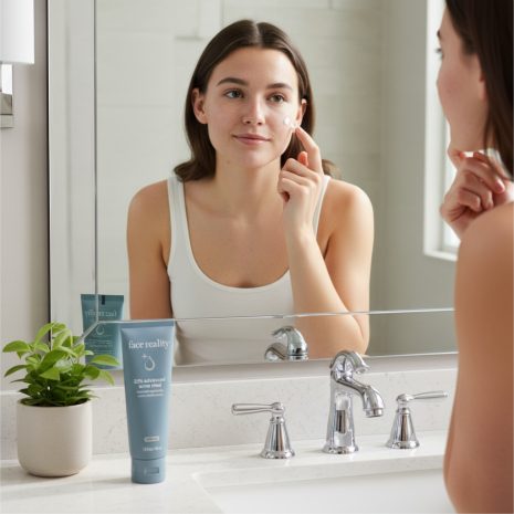 Face Reality Acne Med 2.5% Application for Acne Treatment Young woman applying Face Reality Acne Med 2.5% Benzoyl Peroxide treatment in front of a bathroom mirror. A professional acne skincare routine that targets blemishes and prevents breakouts for clearer, healthier skin.