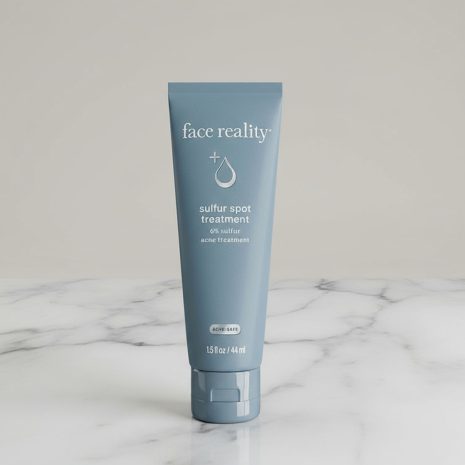 Face Reality Sulfur Spot Treatment 6% Sulfur on Marble Surface Minimalist product image of Face Reality Sulfur Spot Treatment placed on a marble surface. Acne-safe sulfur formula designed to calm redness and clear breakouts gently.