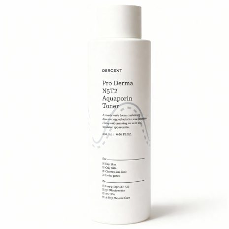 Dercent Pro Derma N5T2 Aquaporin Toner bottle with minimalist white packaging, formulated with 5% Niacinamide and 2% Tranexamic Acid for brightening and hydrating the skin.
