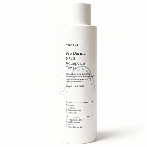 Dercent Pro Derma N5T2 Aquaporin Toner bottle with minimalist white packaging, formulated with 5% Niacinamide and 2% Tranexamic Acid for brightening and hydrating the skin.