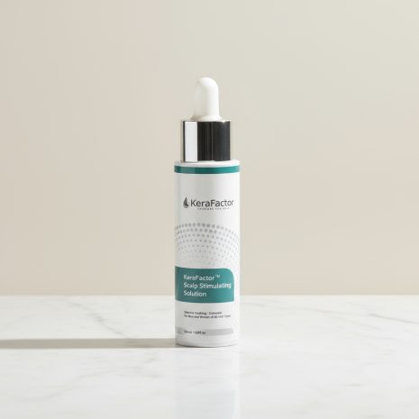 KeraFactor Scalp Stimulating Solution – Peptide Hair Growth Serum KeraFactor Scalp Stimulating Solution bottle on marble surface. Dermatologist-developed serum with peptides and growth factors that promote scalp health and fuller hair.