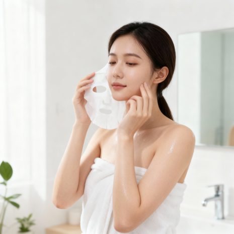 Dercent Jelly Mask – Woman Applying Hydrating Sheet Mask for Sensitive Skin | Lifestyle Skincare Photo A woman in a towel applying the Dercent Jelly Mask for Dry and Sensitive Skin in a bright, minimalist bathroom. The scene highlights hydration, soothing care, and self-care for sensitive skin.