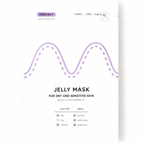 Standing image of Dercent Jelly Mask for dry and sensitive skin, featuring a minimalist white packaging with lavender design accents.