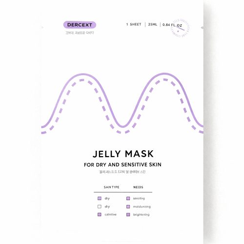 Standing image of Dercent Jelly Mask for dry and sensitive skin, featuring a minimalist white packaging with lavender design accents.