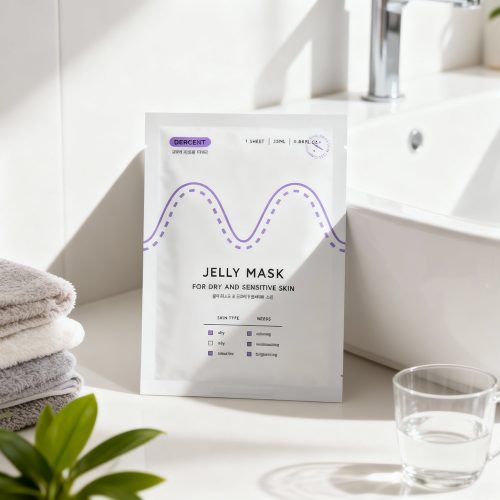Dercent Jelly Mask – Hydrating Sheet Mask for Dry and Sensitive Skin | Bathroom Lifestyle Image Dercent Jelly Mask for Dry and Sensitive Skin displayed in a bright modern bathroom beside a sink, folded towels, and a glass of water. Soft sunlight highlights the minimalist skincare packaging, emphasizing hydration and soothing care for sensitive skin.