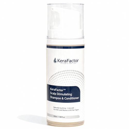 KeraFactor Scalp Stimulating Shampoo and Conditioner bottle on white background, advanced hair and scalp care product for stronger, fuller hair.