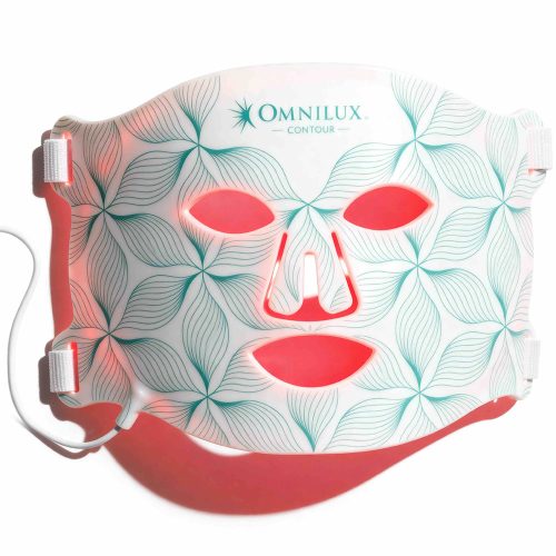 Omnilux Contour Face LED Mask emitting red light for anti-aging and skin rejuvenation
